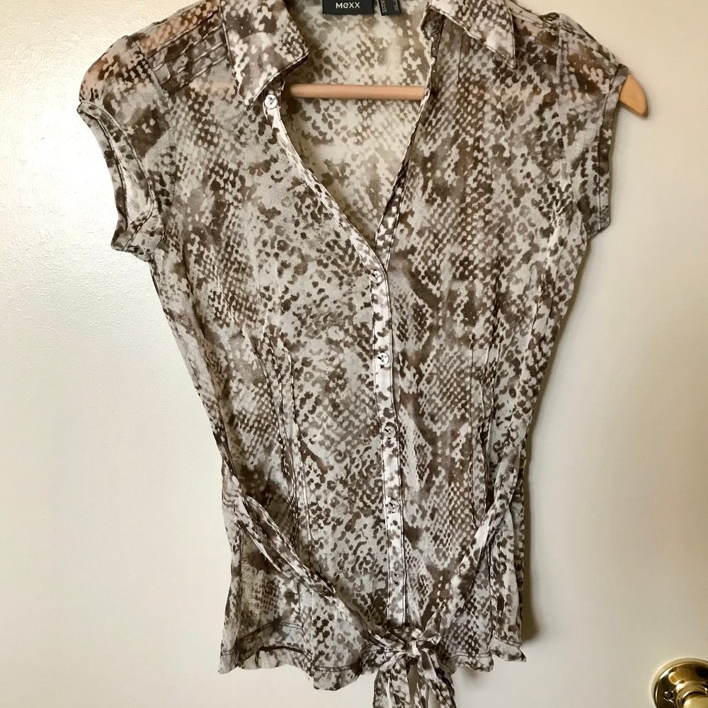 Mexx Sheer Patterned Blouse – Size XS – Brown & Cream